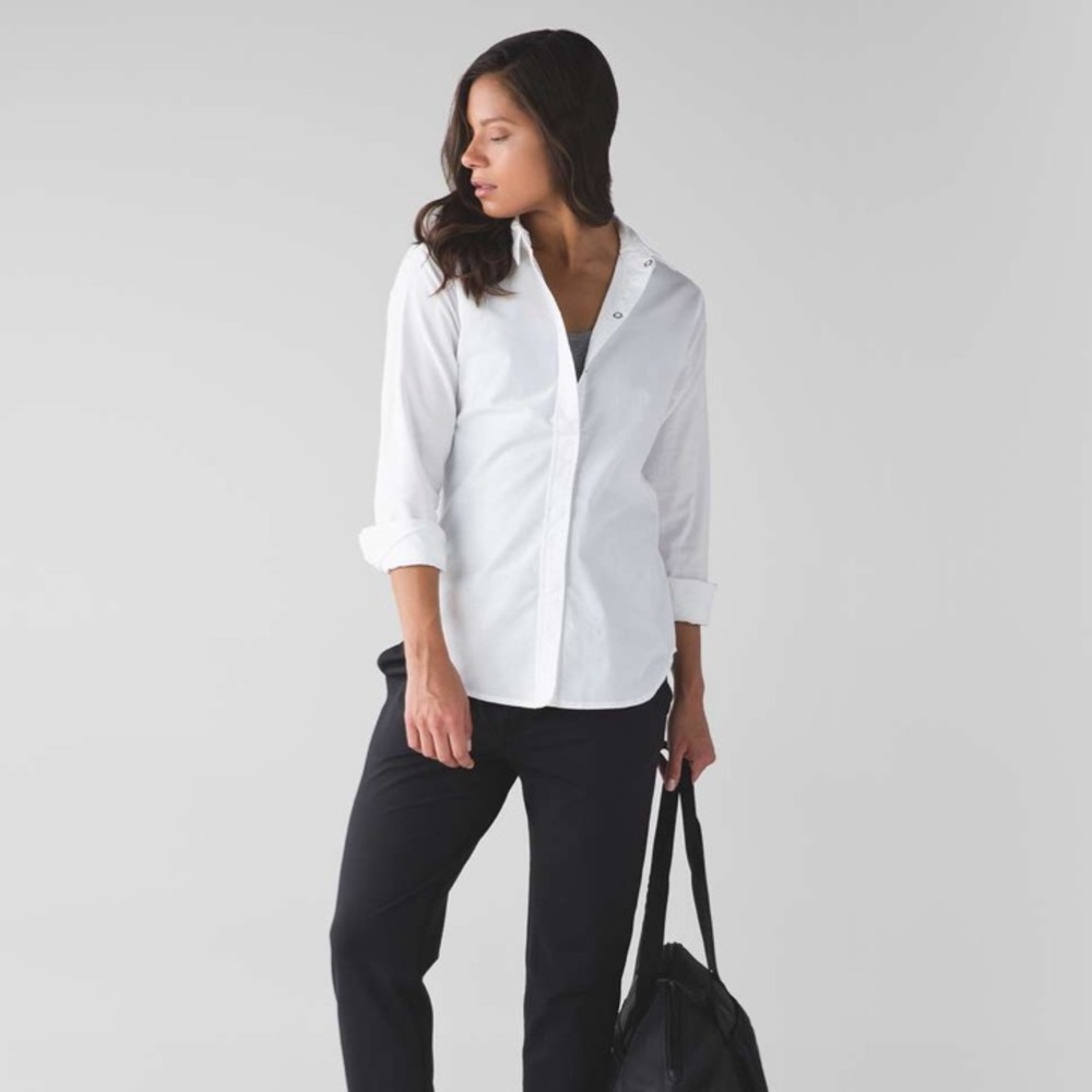 Lululemon Getaway Shirt In White Snap Button Collared W3MEGS Sz 6